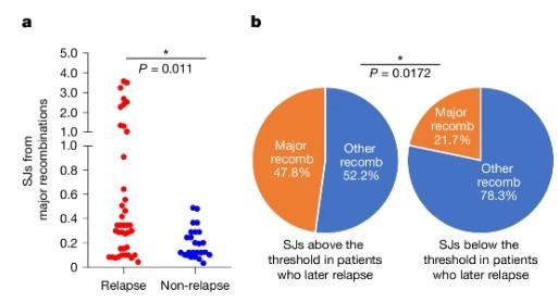Fig4. SVs per patient at diagnosis with a single cRSS (left) or two cRSSs (right) at the breakpoints plotted for patients who later relapsed (121 patients) versus those who remained in remission