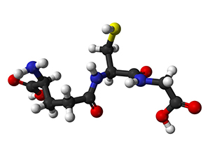 Ball-and-stick model of glutathione, C10H17N3O6S