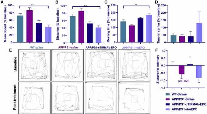 Behavior analysis after chronic treatment with cTfRMAb-EPO and rhu-EPO. For the open-field (OF) test, the results at 6 weeks after treatment initiation were expressed as a percentage of baseline. rhu-EPO-treated APP/PS1 mice had significantly lower mean speed (A) and total distance (B) compared with WT-saline mice. Resting time in the APP/PS1-rhu-EPO mice was significantly higher than that in WT-saline mice (C). Time in the center was not significantly different between the experimental groups (D). Representative trajectories of saline-treated WT and saline-, cTfRMAb-EPO-, and rhu-EPO-treated APP/PS1 mice during the OF test (E). Composite memory z-scores for the recognition index during the NOR and % entries into novel arm during the Y-maze (F). Z-scores were significantly lower for APP/PS1-rhu-EPO mice and borderline significant for APP/PS1-saline mice. Data are presented as mean ± SEM of 7-11 mice per group. One-way ANOVA with Holm-Sidak's post hoc test was used to compare to the WT-saline controls for OF test, and one-sample t-test with a hypothesized mean = 0 for the z-score. ** P < .01. Abbreviations: EPO, erythropoietin; NOR, novel object recognition; WT, wild-type.