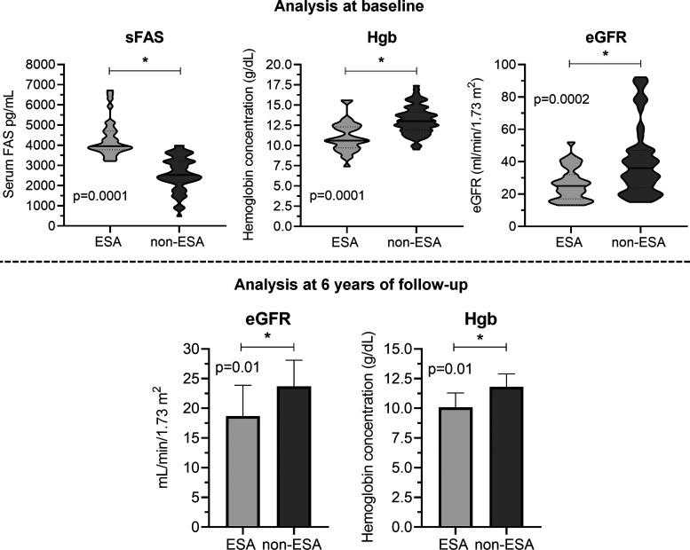 Direct comparison of soluble Fas (sFas), hemoglobin (Hgb), and estimated glomerular filtration rate (eGFR) levels in patients with erythropoiesis-stimulating agent (ESA) and non-ESA therapy. sFas, Hgb, and eGFR were compared between patients that needed ESA therapy and those who did not need ESA therapy at their baseline. The violin-plot chart shows clearly that patients who further needed ESA therapy in our followup presented higher levels of sFas and a lower index of Hgb and eGFR at baseline than patients who did not submitted to ESA therapy. After 6 yr of followup, we verified that eGFR and Hgb index remained decreased in patients who needed ESA treatment. P < 0.05.