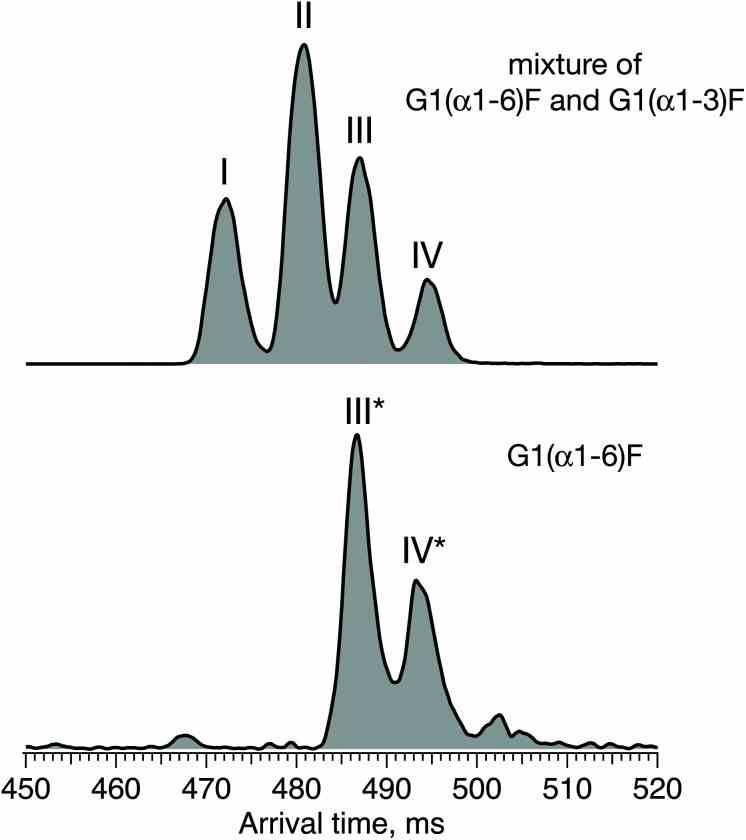 ATDs of G1F glycan representing a mixture of G1(α1-6)F and G1(α1-3)F positional isomers (top) and the synthesised G1(α1-6)F isomer (bottom) after 60 m SLIM-IMS separation.