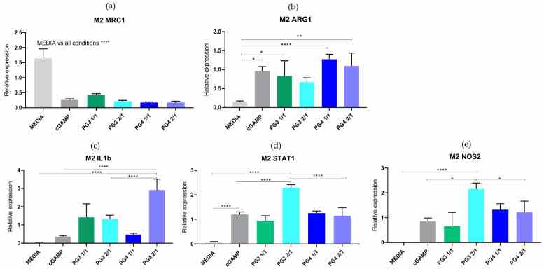 NCs upregulate mRNA expression of pro-inflammatory (M1) genes and reduce the expression of the M2-associated gene Mrc1 in M2 polarized BMDMs. Relative mRNA expression of M2-like macrophage markers ( Mrc1 ( a ) and Arg1 ( b )) and of classically activated (M1-like) macrophage markers ( IL-1b ( c ), STAT1 ( d ) and NOS2 ( e )) in M2 BMDMs treated with corresponding PAMAM NCs (PG3 1/1, PG3 2/1, PG4 1/1 or PG4 2/1), cGAMP (25 μg/condition) or with media. * p < 0.05; ** p < 0.01; **** p < 0.0001.
