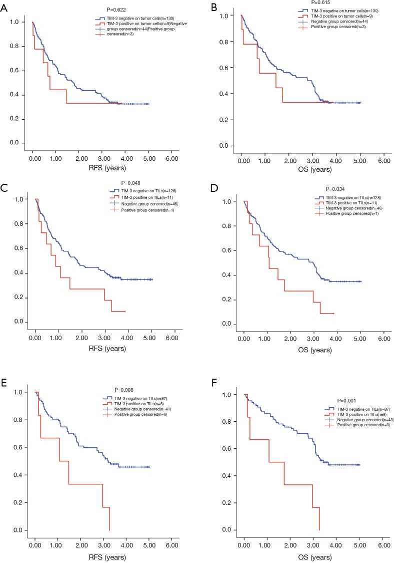 Survival analysis by TIM-3 level on TILs and tumor cells.