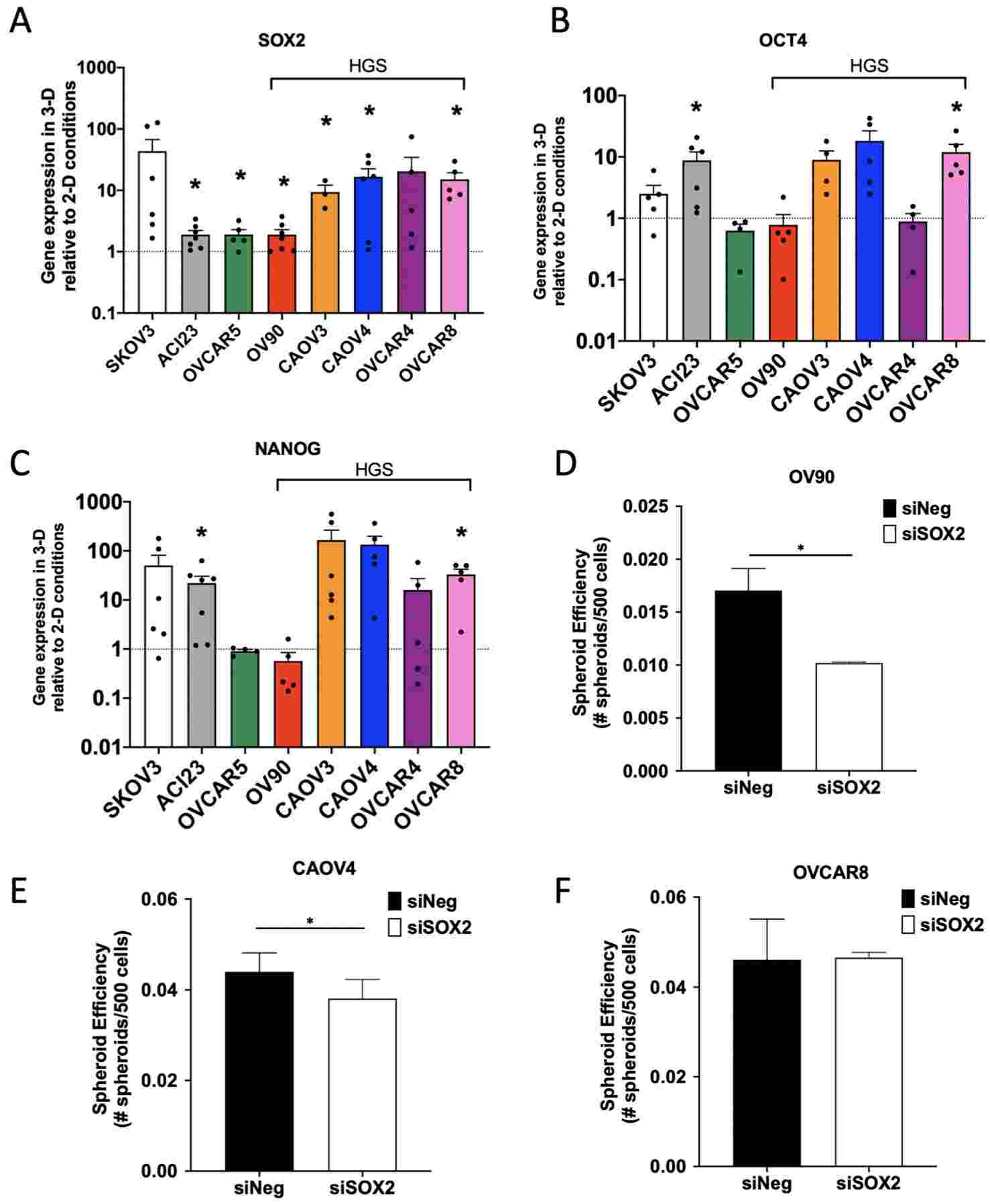 Enrichment of SOX2 is most consistent across ovarian cancer cell lines and contributes to spheroid formation efficiency.