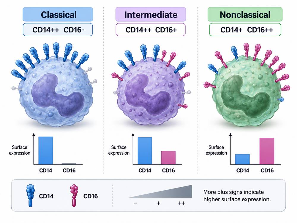 Classical, intermediate and nonclassical human monocyte subsets distinguished by CD14 and CD16 expression.