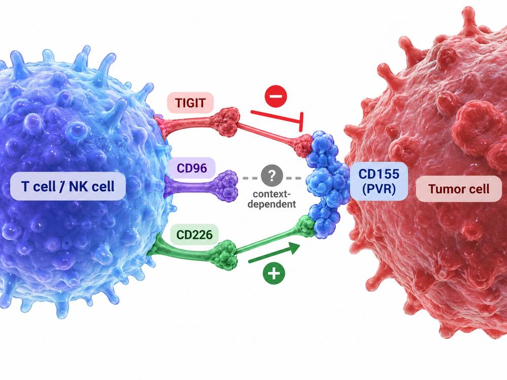 CD155 engaging competing TIGIT, CD96 and CD226 receptors on T and NK cells.
