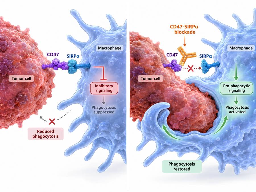 CD47 on a tumor cell engaging SIRP alpha on a macrophage to suppress phagocytosis.