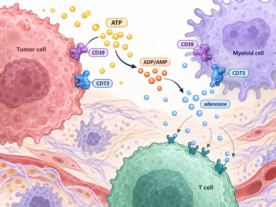 CD39 and CD73 converting extracellular ATP and AMP into adenosine in the tumor microenvironment.