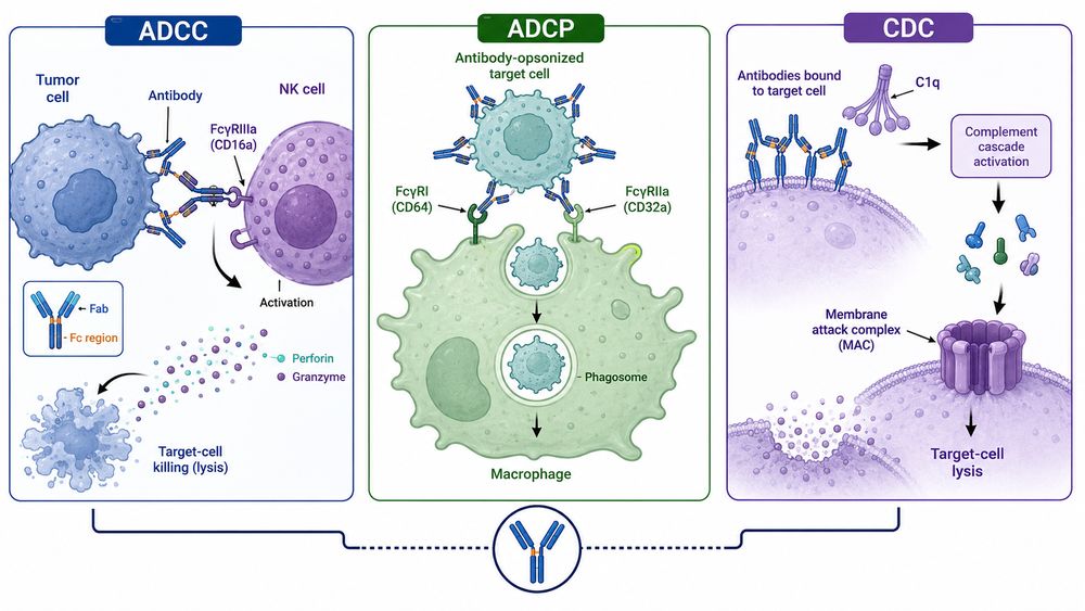ADCC ADCP CDC Fc receptor mechanisms showing NK-cell cytotoxicity, macrophage phagocytosis, and complement-dependent cytotoxicity.