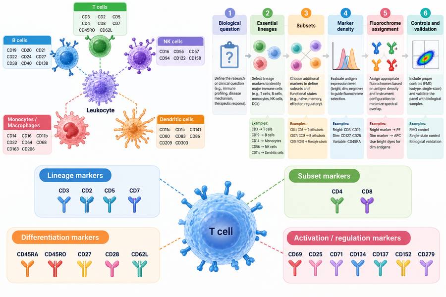 Major T cell CD markers used for lineage identification, differentiation, activation and immune profiling.