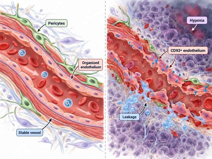 Normal blood vessel compared with abnormal CD93-associated tumor vasculature.