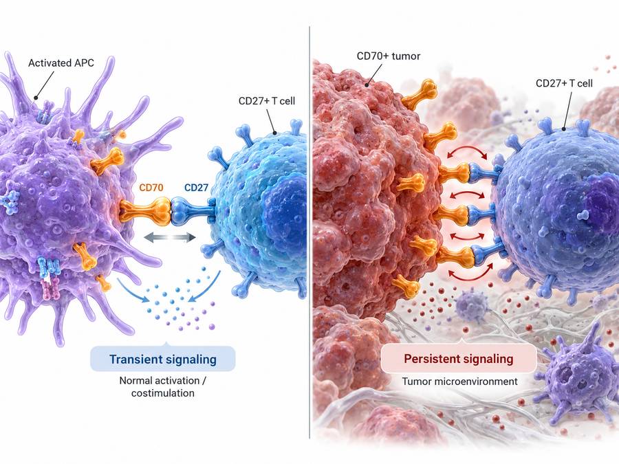 Transient physiological CD70 expression compared with persistent CD70 expression in cancer.