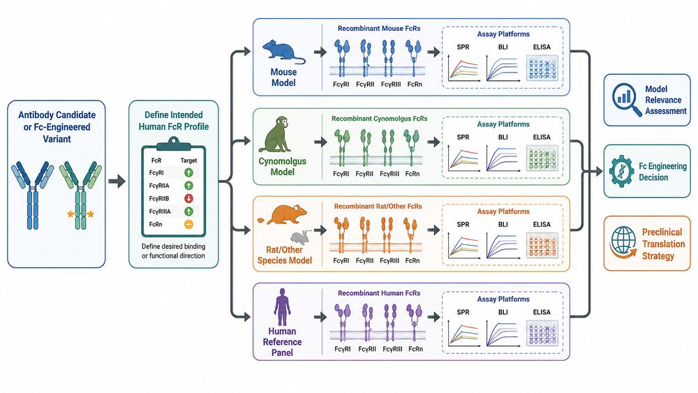 Species-specific Fc receptor protein workflow for translational antibody research across human, mouse, cynomolgus, rat, and other preclinical models.