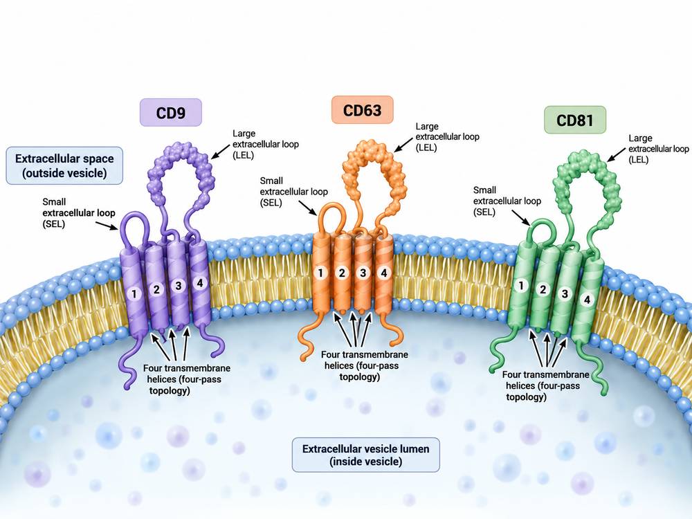 CD9, CD63 and CD81 tetraspanins displayed on an extracellular vesicle membrane.