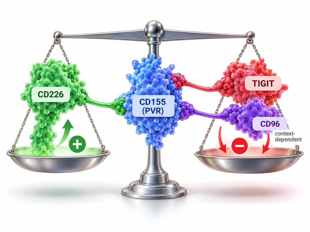 Competitive balance between CD226 activation and TIGIT/CD96 immune regulation around the shared ligand CD155.