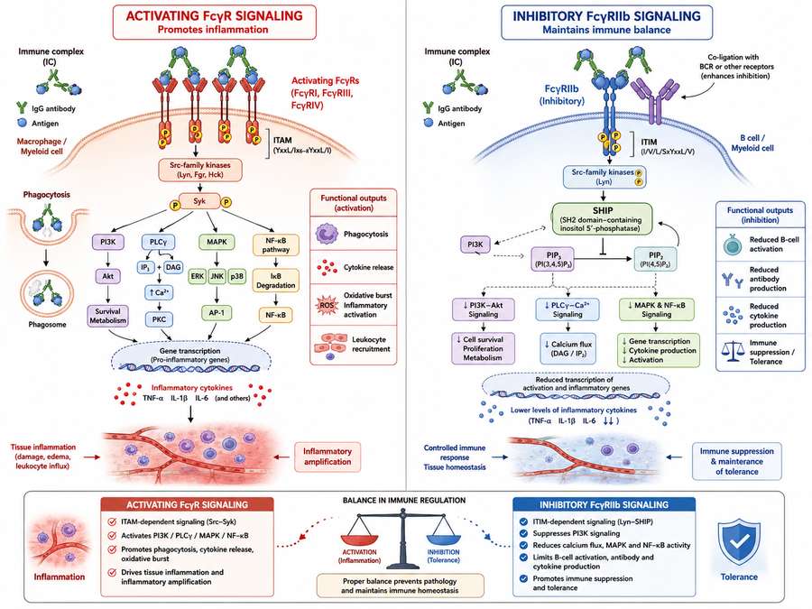 Activating and inhibitory Fc receptor signaling pathways shape inflammation and immune suppression.