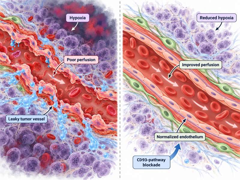 Conceptual model of CD93 pathway blockade promoting tumor vascular normalization.