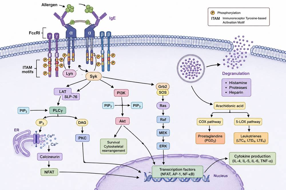 Fc&epsilon;RI signaling cascade in mast cells. Upon allergen-mediated crosslinking, Lyn and Syk kinases phosphorylate ITAM motifs, activating downstream pathways (PLC&gamma;, PI3K, MAPK) that drive degranulation, eicosanoid synthesis, and cytokine transcription.