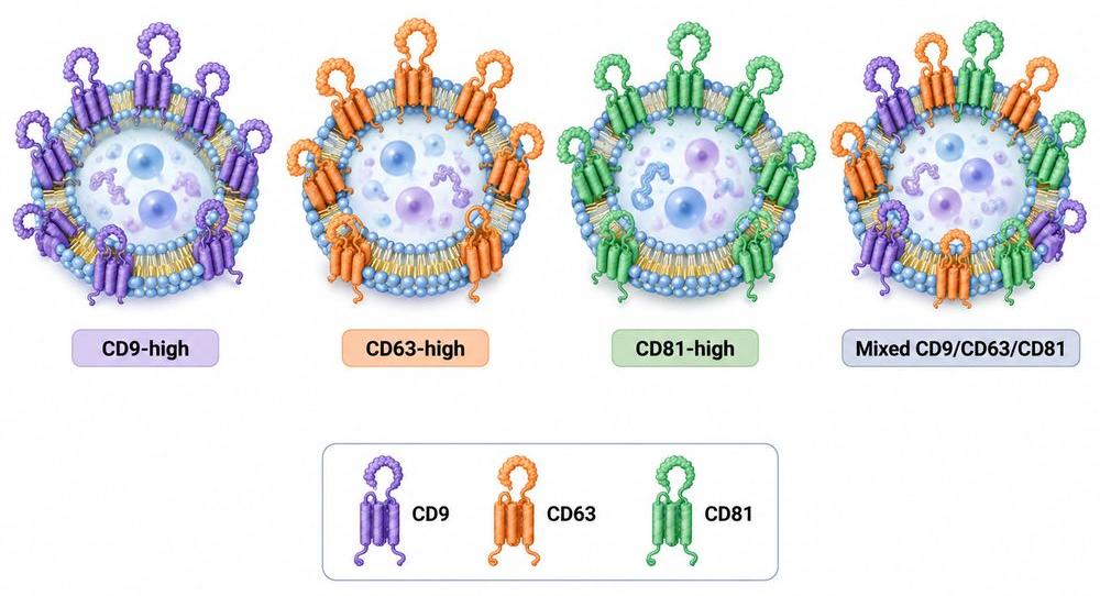 Different extracellular vesicle subpopulations showing heterogeneous CD9, CD63 and CD81 expression.