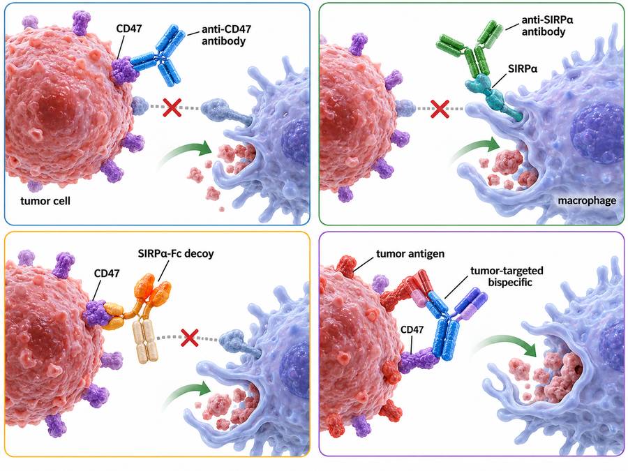 Antibody, SIRP alpha fusion protein and bispecific strategies investigated for CD47 checkpoint blockade.