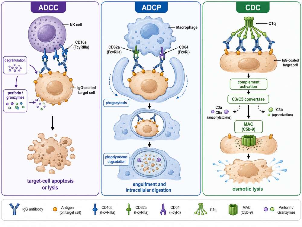 Mechanisms of antibody-mediated target cell clearance: ADCC (NK cell via CD16a), ADCP (macrophage via CD32a/CD64), and CDC (complement C1q).