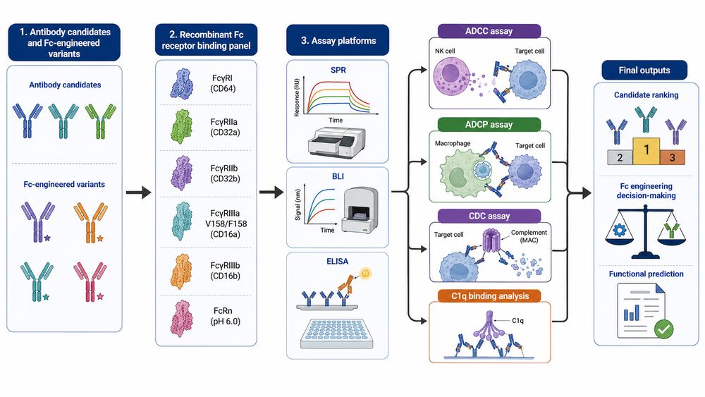 Recombinant Fc receptor proteins used for ADCC, ADCP, CDC, and antibody effector function prediction.
