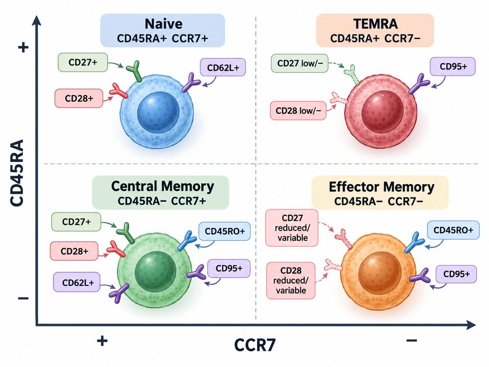 Naive, central memory, effector memory and TEMRA T cell populations defined by CD45RA and CCR7 expression.