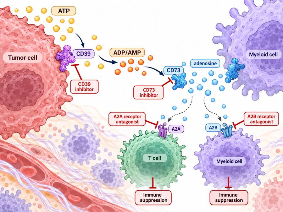 Experimental therapeutic targets along the CD39-CD73-adenosine immune-suppression pathway.
