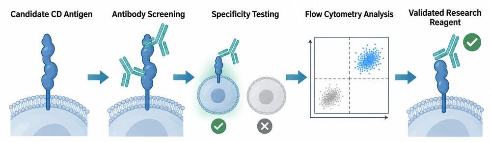 Antibody validation workflow for newly designated CD markers showing antigen selection, specificity testing, flow cytometry analysis, and experimental validation.