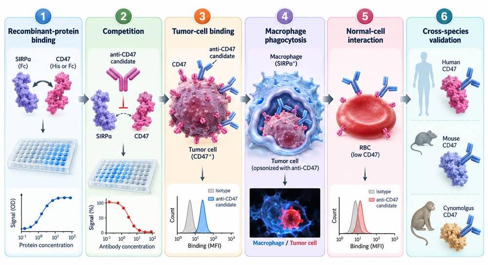Experimental workflow for characterizing CD47-targeted therapeutic candidates.