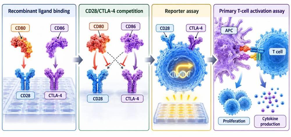 Binding and functional assay workflow for studying CD80 and CD86 costimulatory ligands.