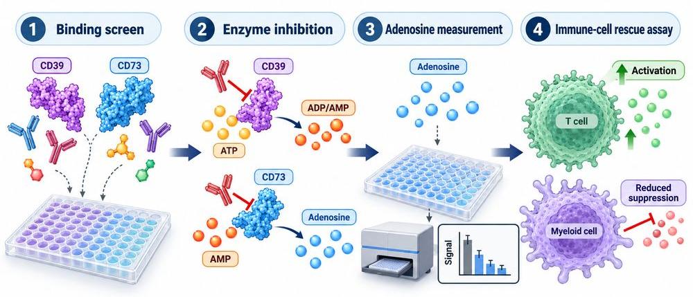 Integrated assay workflow for CD39 and CD73 inhibitor or antibody development.