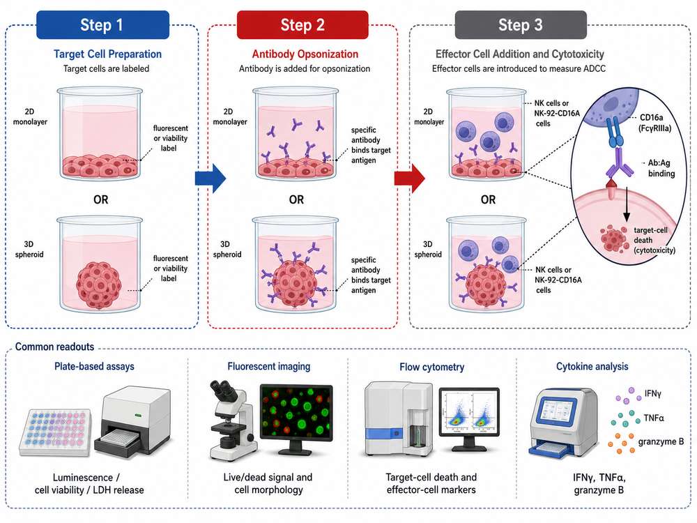 Standard ADCC assay workflow: target cells are labeled, antibody is added for opsonization, and effector cells (NK cells or NK-92-CD16A cells) are introduced to measure cytotoxicity.