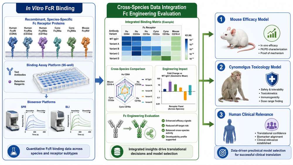 Translational research bridge connecting species-specific Fc receptor binding assays with preclinical antibody model selection.
