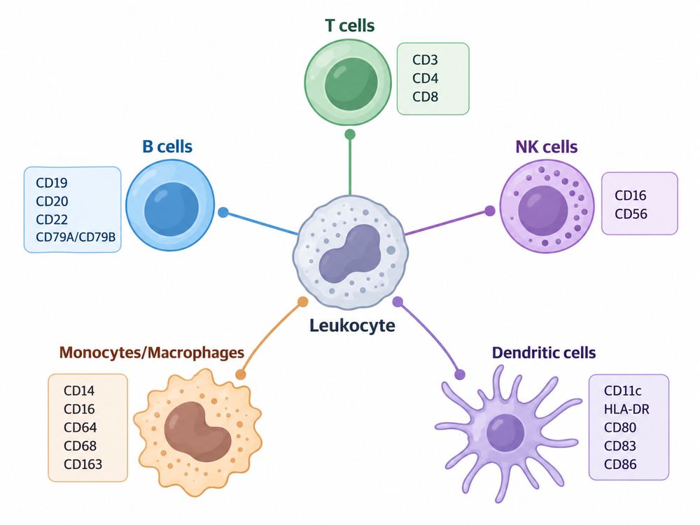 CD markers for immune cells used to identify T cells, B cells, NK cells, monocytes, macrophages, and dendritic cells by flow cytometry.