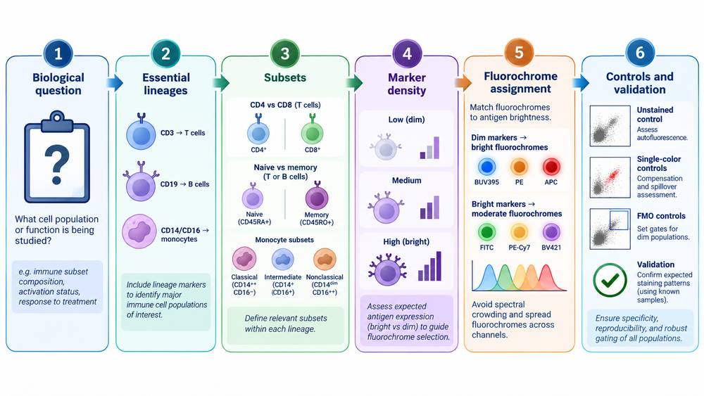 Workflow for selecting CD markers and fluorochromes when designing multicolor or spectral flow cytometry immunophenotyping panels.